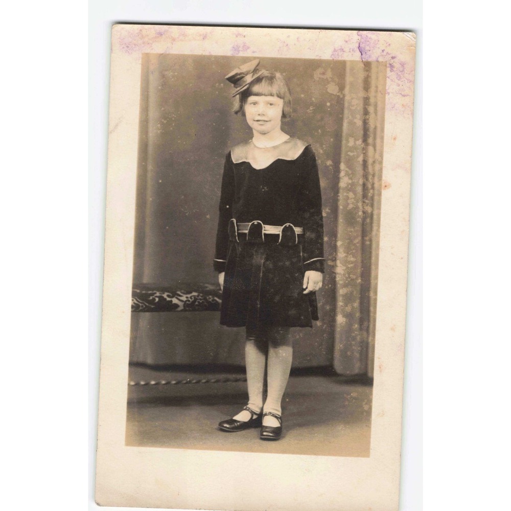 RPPC Real Photo Postcard Girl Velvet Dress Hat Studio Portrait AZO c1910s-20s
